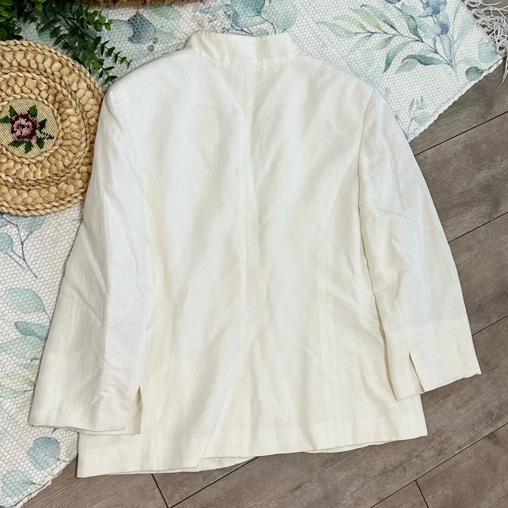 Karen Scott Women’s Cream Blazer Linen Rayon Shoulder Pads Minimalist Size 12
